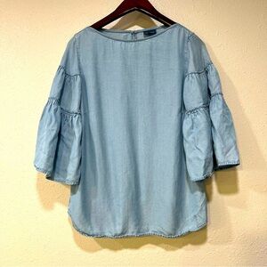 J Jill Denim Top XS Petite Tiered Ruffle Bell Sleeve Tencel Lyocell Women’s Blue